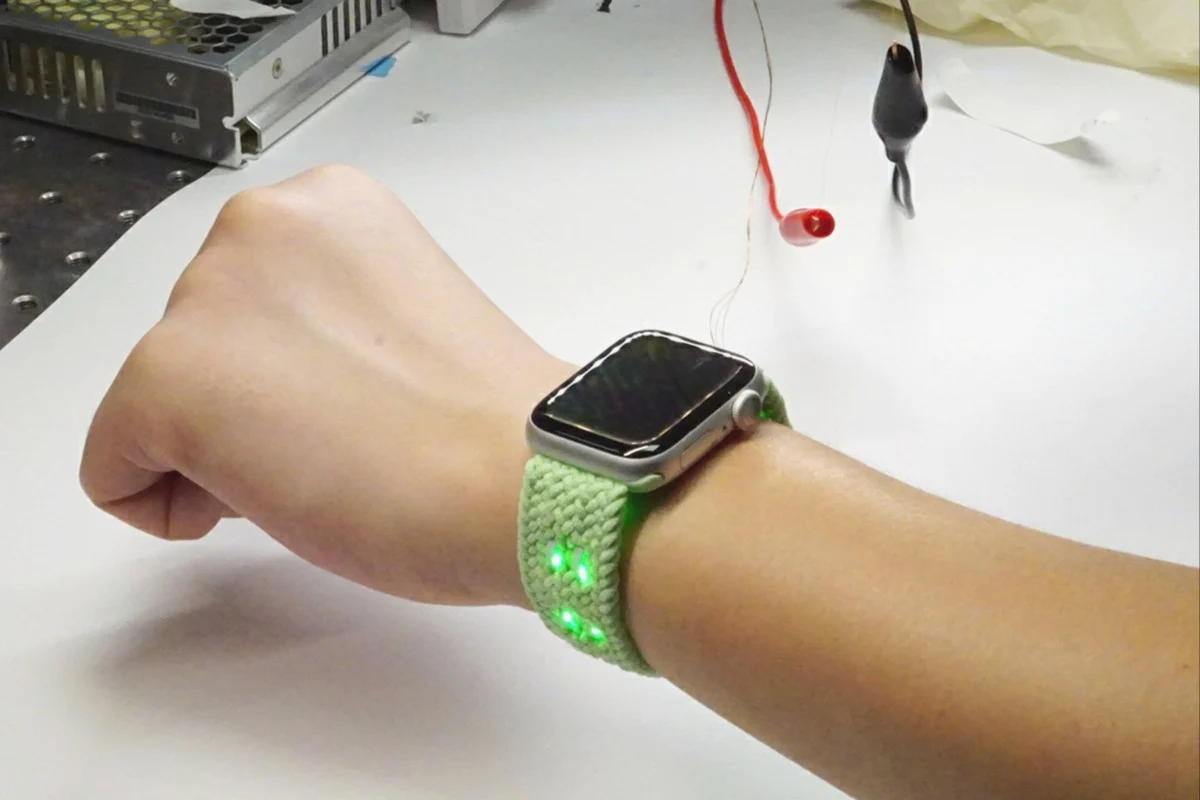 Figure: A smart watch with a flexible band made with nanofiber able to measure heart rates Credit: Handout