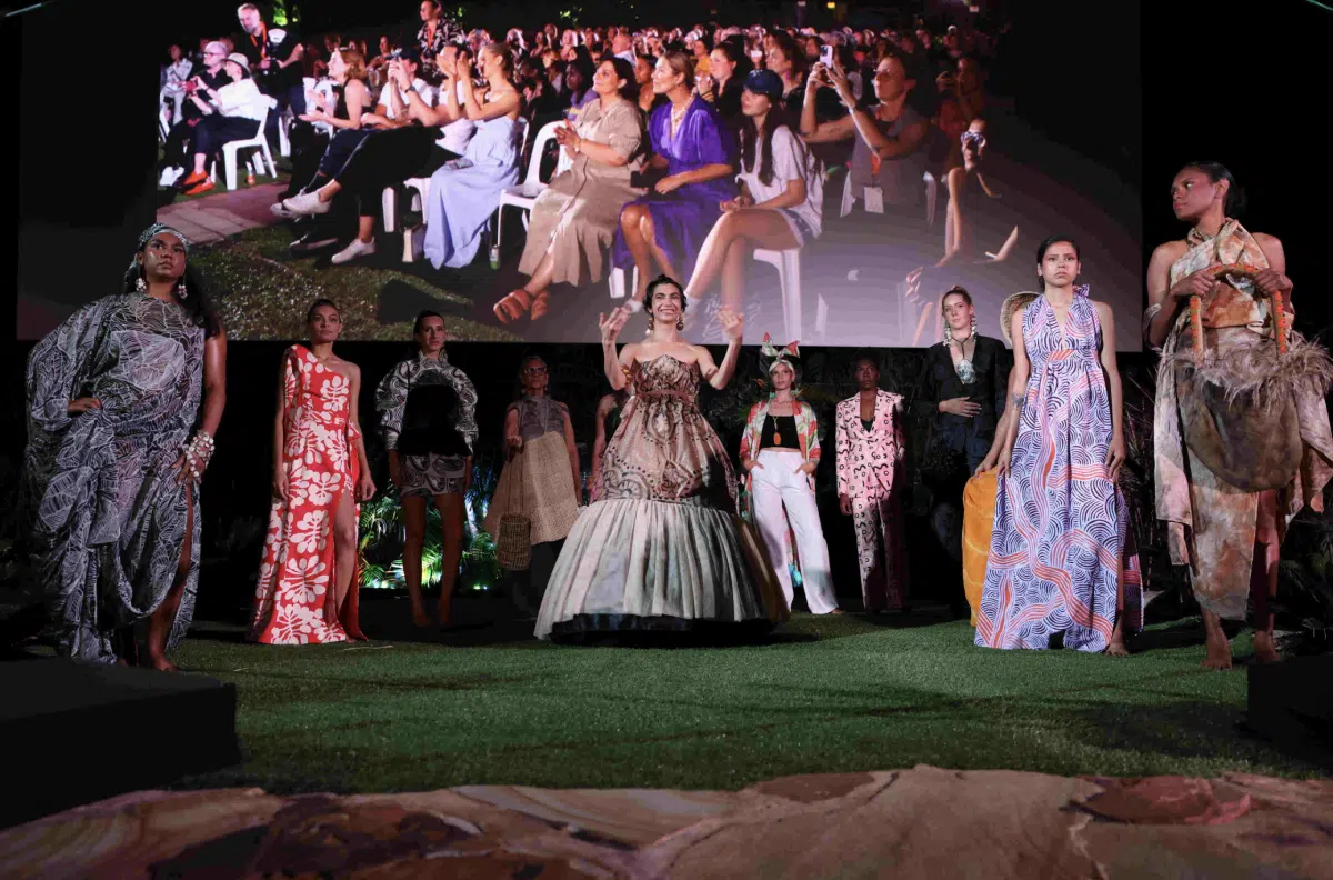 Rachel Hocking pictured hosting the 2023 National Indigenous Fashion Awards. (Image: Marley Morgan)