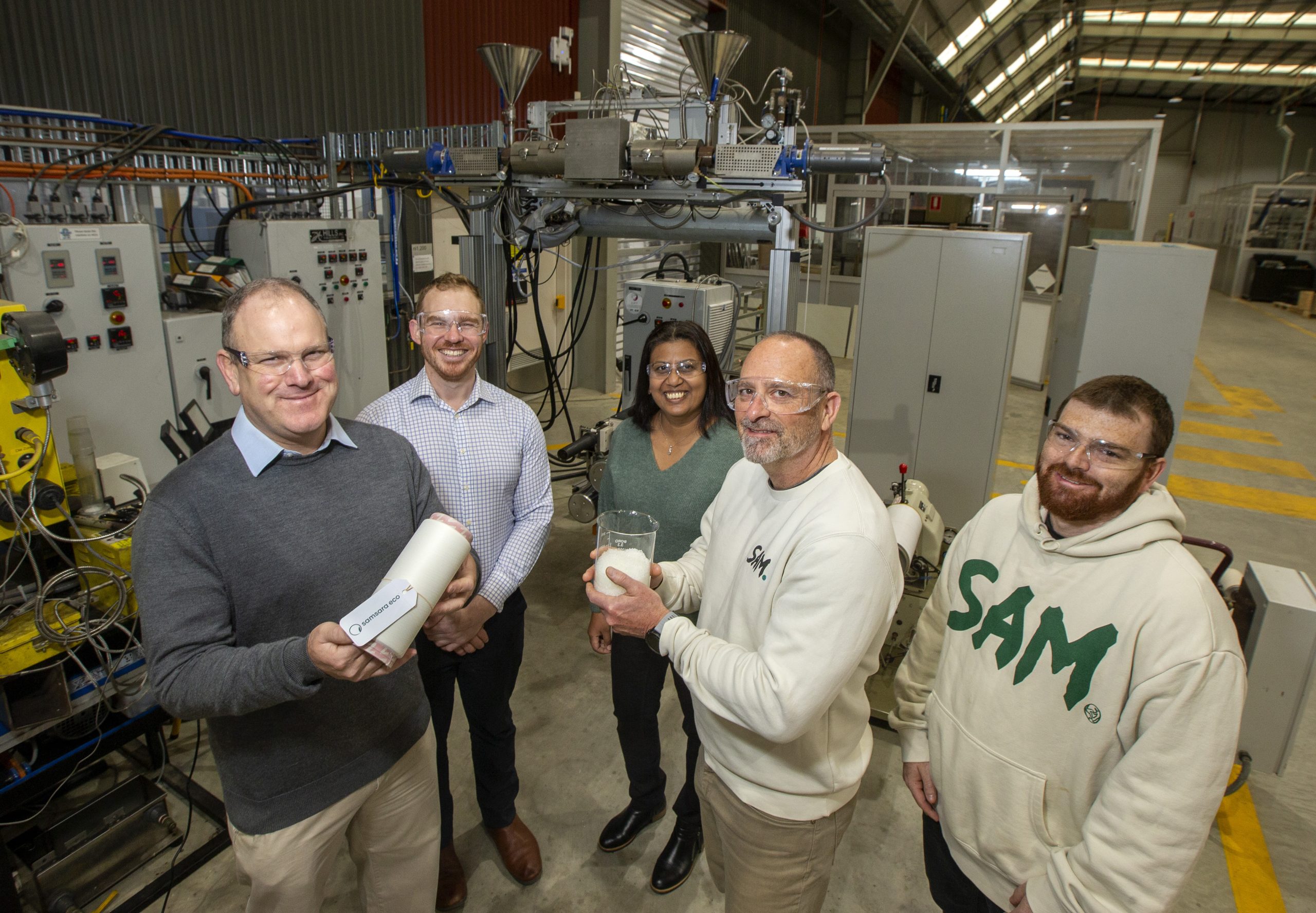 Deakin's Associate Professor Chris Hurren and Dylan Hegh with Samsara Eco's Nirupama Jayasinghe, Keats Nelms and Jeremy Nugent.